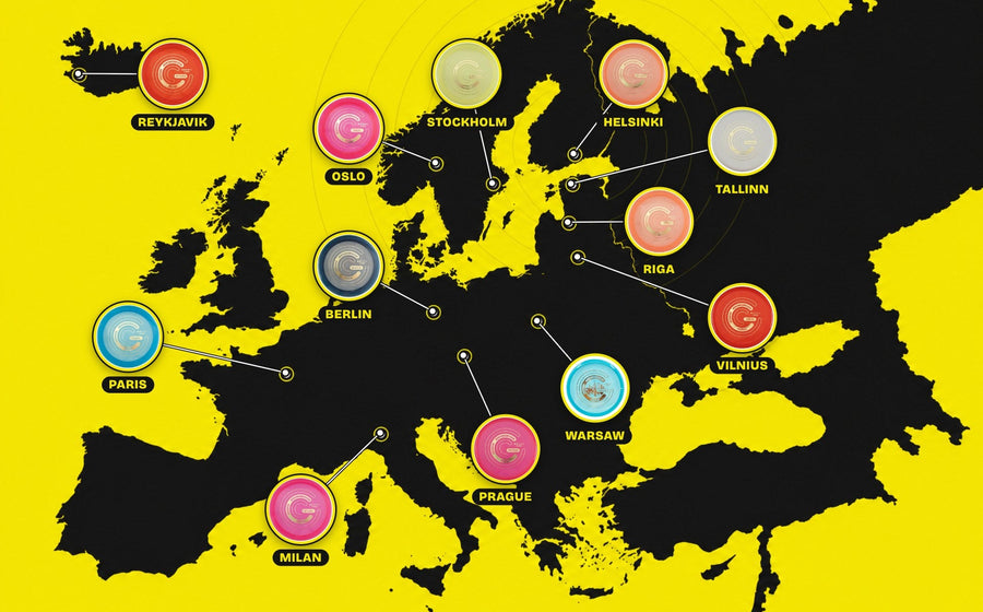 GRAM Discs on a map of Europe: 12 discs named after 12 cities from Tallinn to Reykjavik