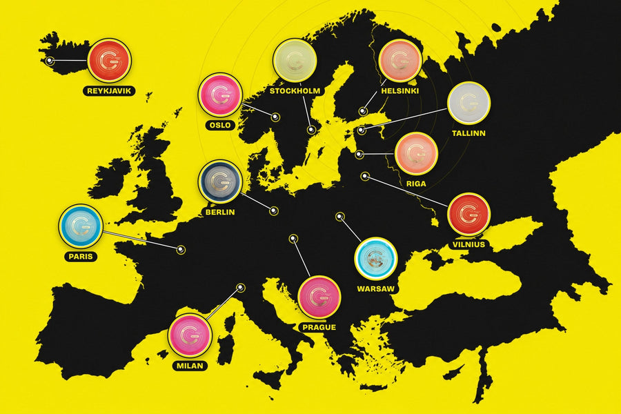 GRAM Discs on a map of Europe: 12 discs named after 12 cities from Tallinn to Reykjavik